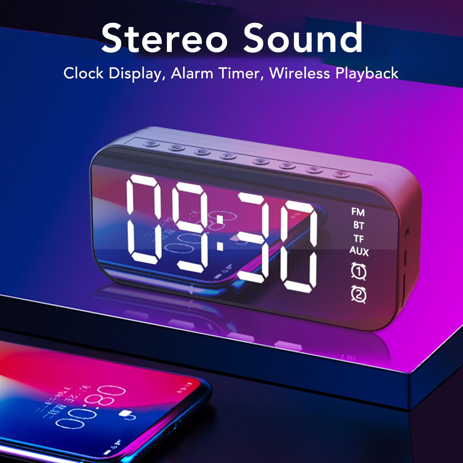 Shipenophy Alarm Clock Speaker with FM Radio - Digital Mirror Display, Desktop Bluetooth Speaker & Bedside Clock for Home, Office, and Travel Use