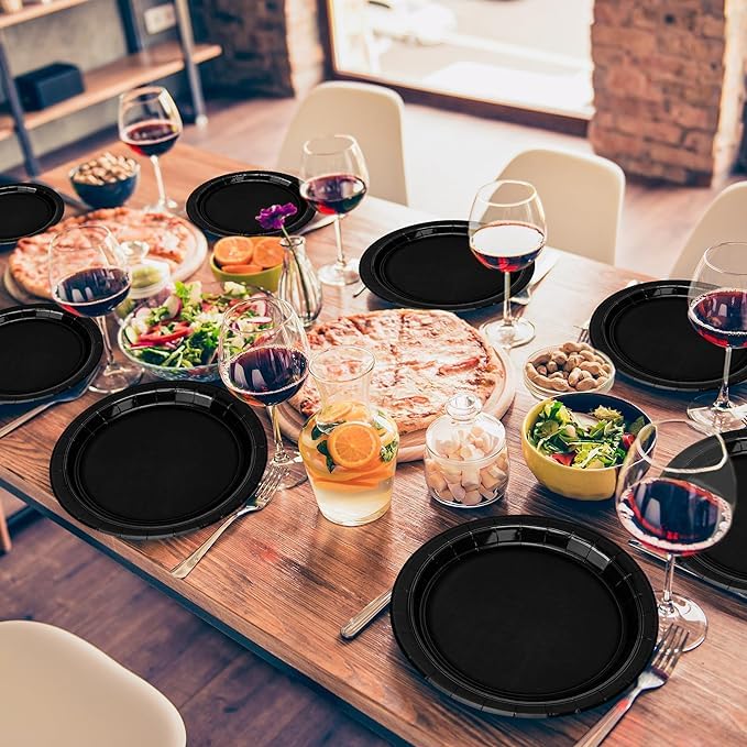 PRETTY UR PARTY 9 Inch Black Biodegradable Paper Plates - Pack of 20 | Eco-Friendly Disposable Round Party Plates for Cakes, Desserts, Snacks & Fruits | Perfect for Birthday Parties, Picnics & Family Gatherings