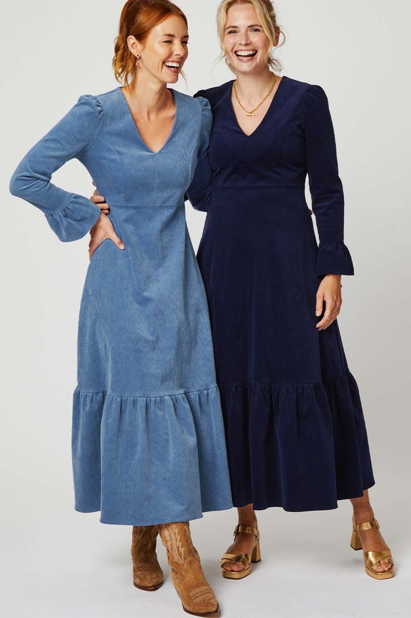Victoria V Neck Long Sleeve Stretch Corduroy Dress for Women - Atlantic Blue | Comfortable & Stylish Fall Outfit for Work, Date Night & Casual Wear