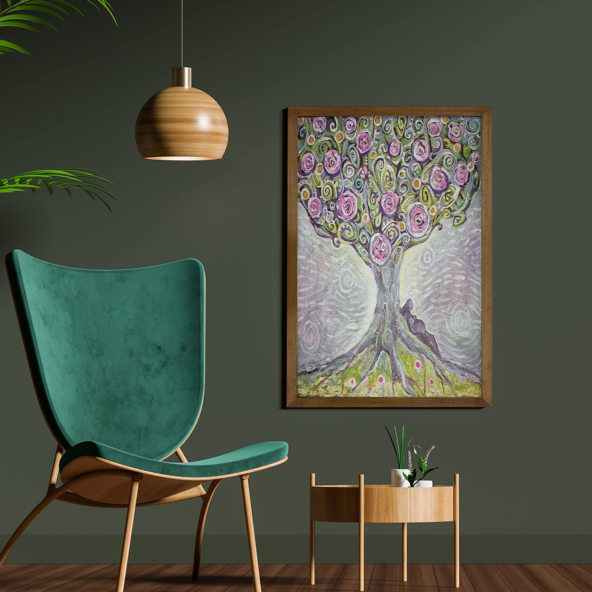 Ambesonne Tree of Life Framed Wall Art - Blossom Plant Illustration in Spring Love Universe Design, Purple Pink Green Fabric Decor with Teak Wood Frame (23