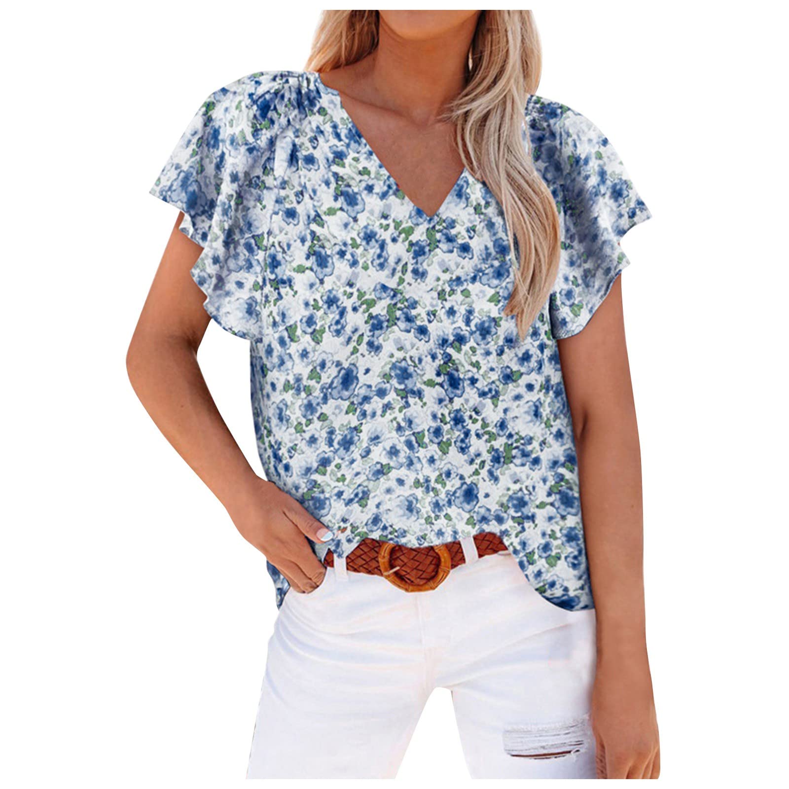 Women's Floral Print V-Neck Blouse - Loose Fit Ruffle Short Sleeve Tunic Top for Casual Wear | Perfect for Office, Date Night & Summer Outfits