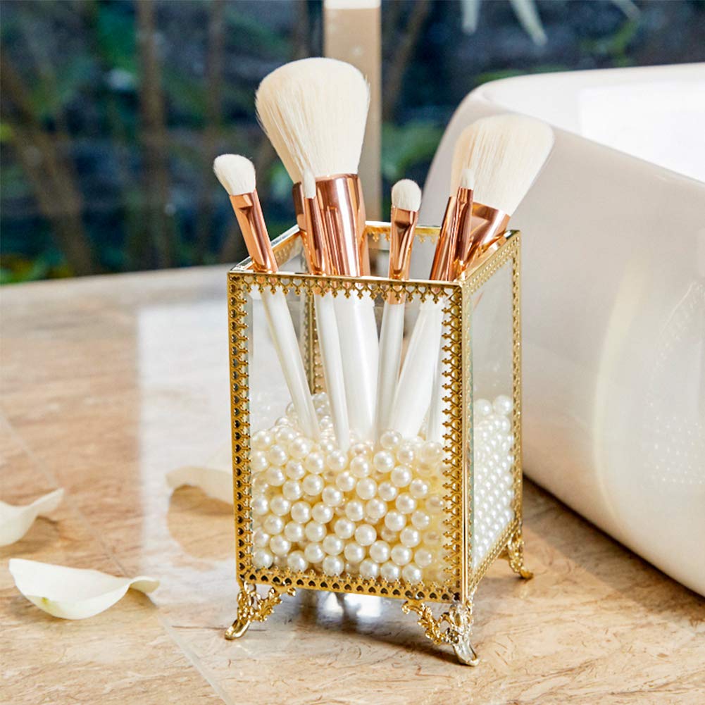 Vintage Glass and Brass Makeup Brush Holder with White Pearls - Handmade Cosmetic Organizer for Dresser Vanity Countertop - Perfect for Makeup Storage, Beauty Display & Home Decor (Gold)