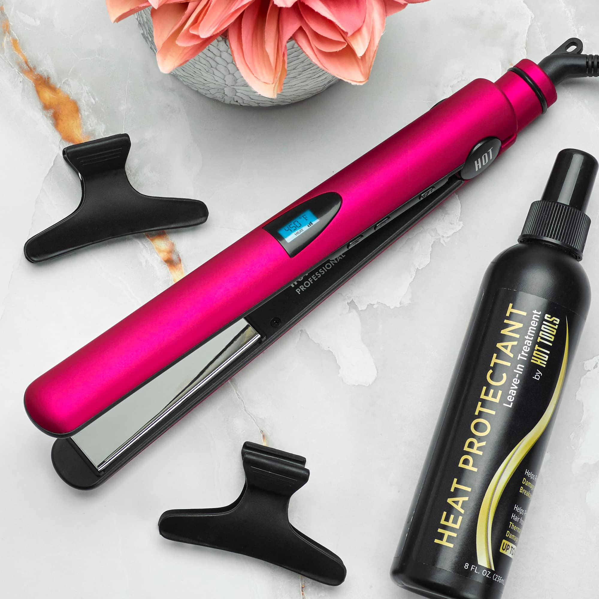 Hot Tools Digital Flat Iron 1 Inch - Pink Titanium Professional Hair Straightener for Smooth & Shiny Hair | Perfect for Home, Salon & Travel Use