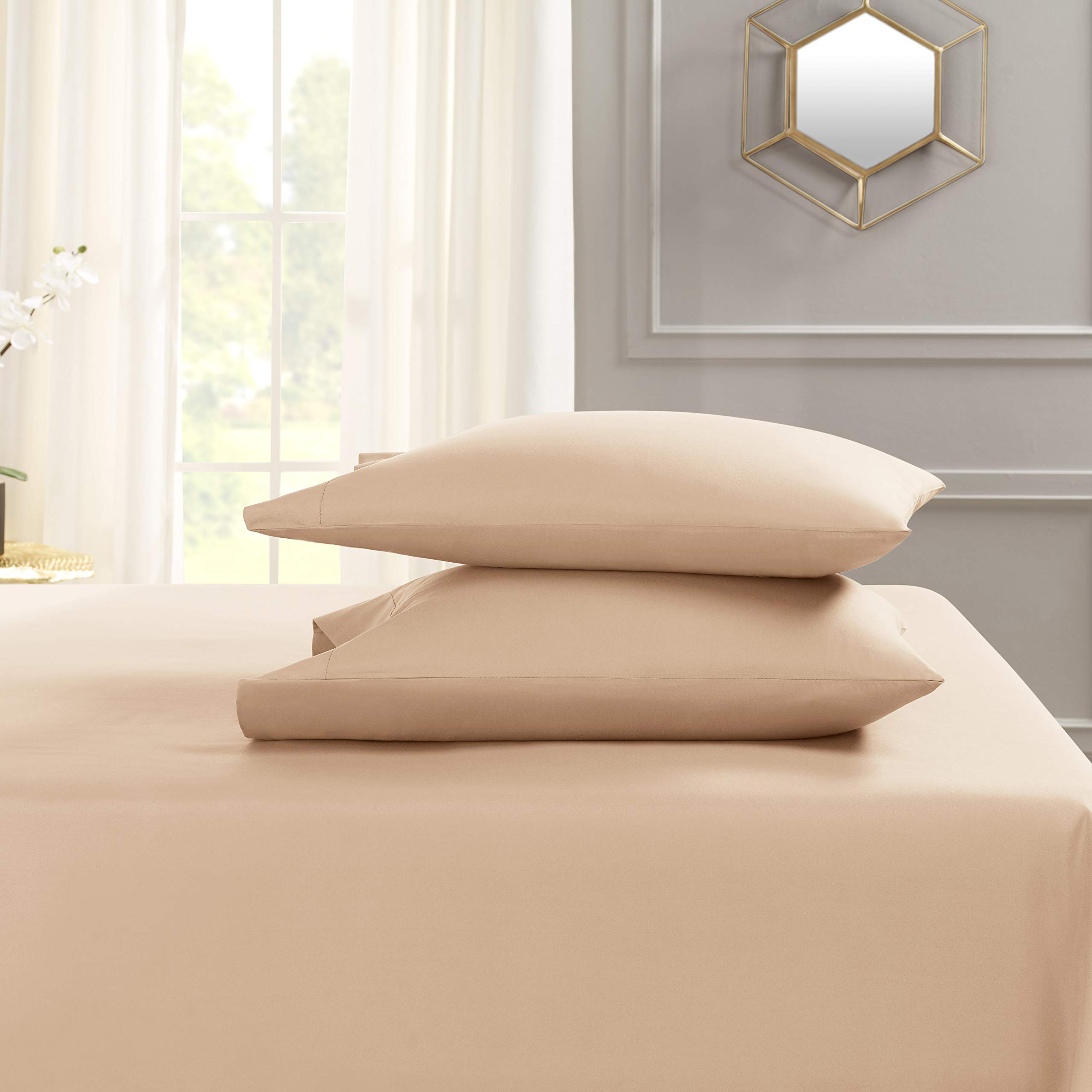 Empyrean California King Sheet Set - 4 PC Ultra Soft Double Brushed Microfiber Bed Sheets in Taupe Sand | Hotel Luxury Deep Pocket Fitted Sheet with 4 Corner Elastic Straps | Perfect for Master Bedroom, Guest Room & Vacation Homes