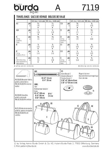 BURDA 7119 Travel Bags Sewing Pattern - 3 Styles (Small & Large) for DIY Luggage, Weekender & Carry-On Bags | Perfect for Vacation, Business Trips & Handmade Gifts
