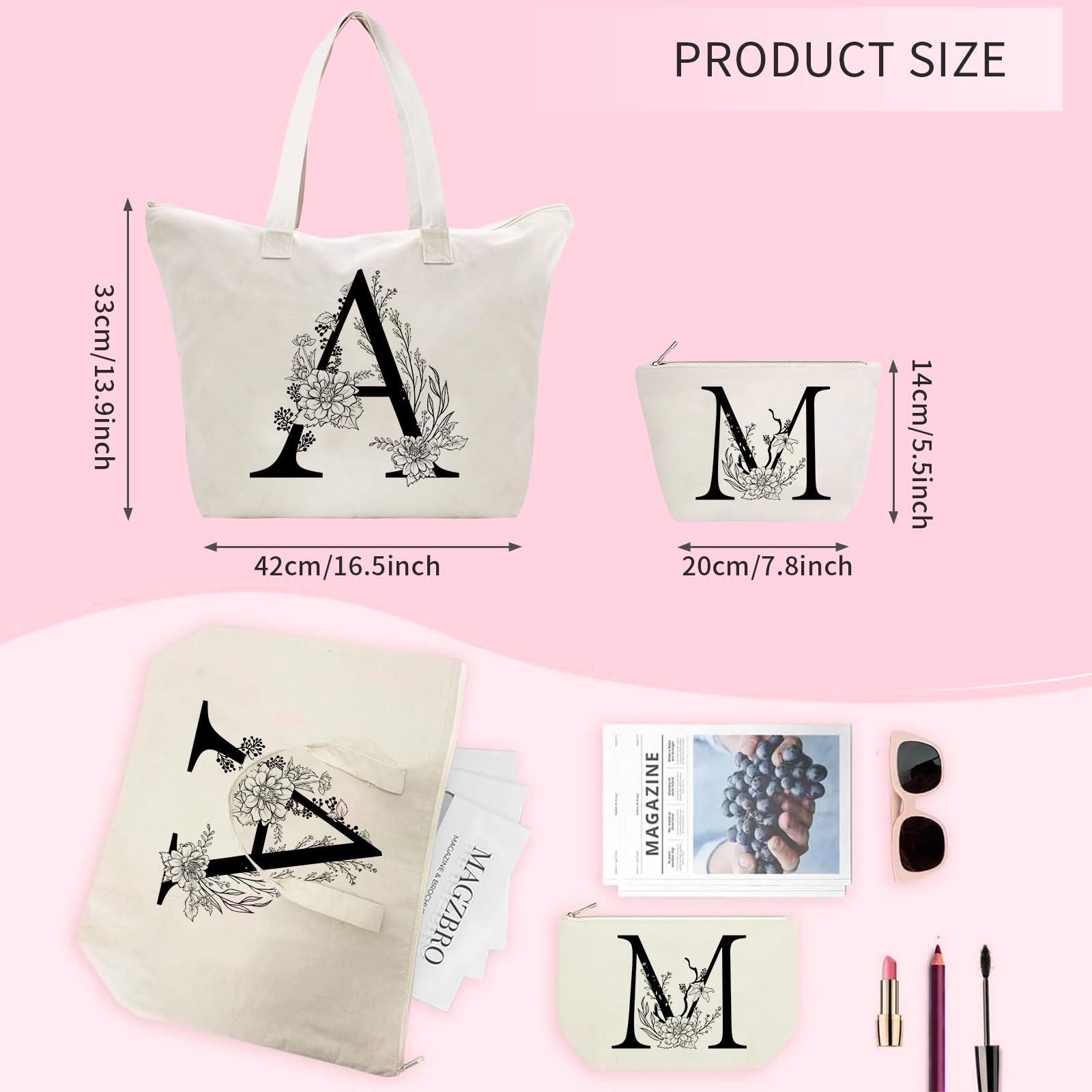 Personalized Initial Canvas Tote Bag for Women - Cotton Reusable Shopping & Cosmetic Bag - Perfect Gift for Friends, Colleagues, Moms - Birthday, Wedding & Christmas Present - Great for Shopping, Travel & Daily Use