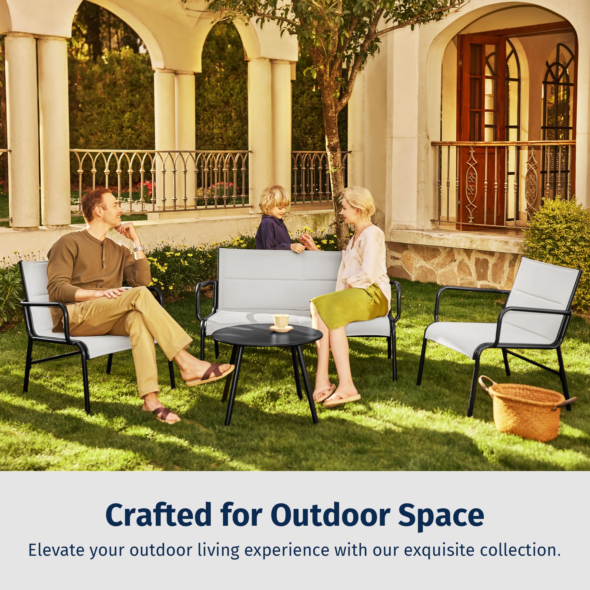 EAST OAK 4-Piece Outdoor Patio Furniture Set - Waterproof Wicker Loveseat with Coffee Table, Grey Garden Conversation Set for Porch, Balcony or Backyard | Perfect for Relaxing, Entertaining and Outdoor Dining