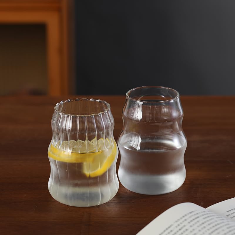 2 Pack Vintage Ribbed Glass Cups - 18oz Wave Design Bubble Drinking Glasses for Iced Coffee, Juice, Milk, Cocktails & Bubble Tea | Durable Barware for Home, Cafe & Party Use