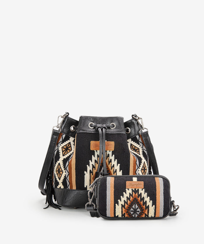 Wrangler Aztec Knitted Bucket Bag Set for Women - Boho Chic Crossbody Purse with Adjustable Strap - Perfect for Travel, Shopping & Everyday Use