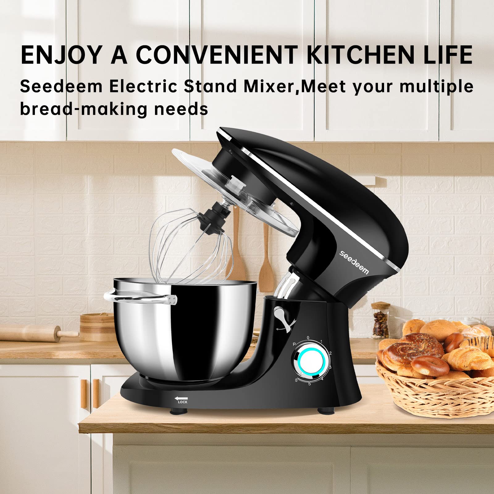Seedeem 6Qt Stand Mixer, 660W Electric Food Mixer with Tilt-Head, 6-Speed Dough Mixer - Includes Dishwasher-Safe Dough Hook, Wire Whip & Beater - Perfect for Baking Bread, Cookies, Cakes & More - Black