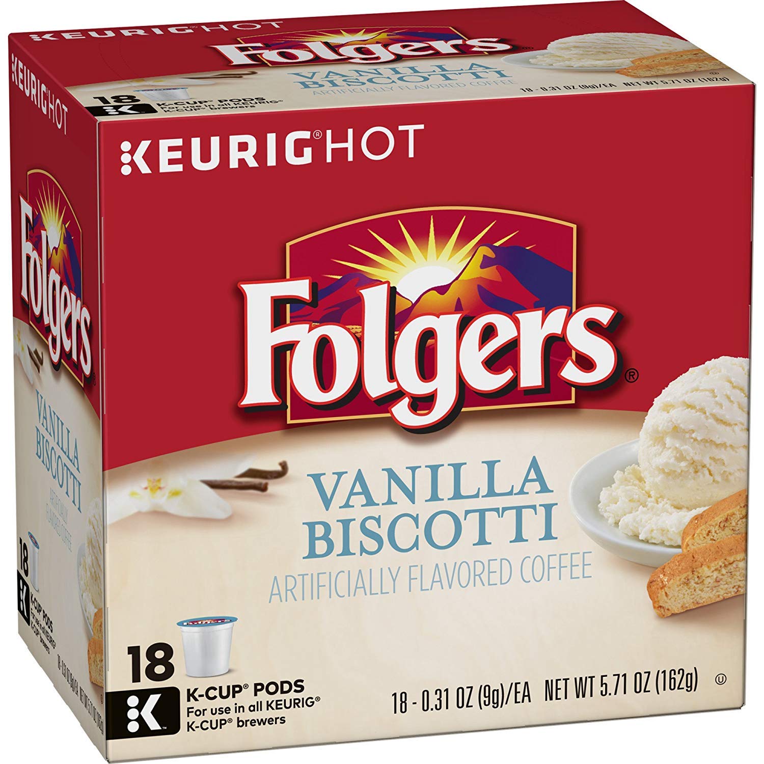 Folgers Vanilla Biscotti Flavored Coffee K-Cup Pods - 72 Count (4 Packs of 18) for Keurig Brewers | Morning Coffee, Office Break, Afternoon Pick-Me-Up