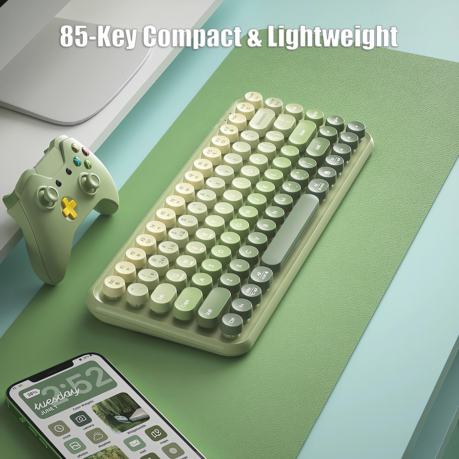 Wireless Typewriter Keyboard - 2.4G/Bluetooth/USB-C, 85-Key Retro for Gaming & Office, Matcha Green