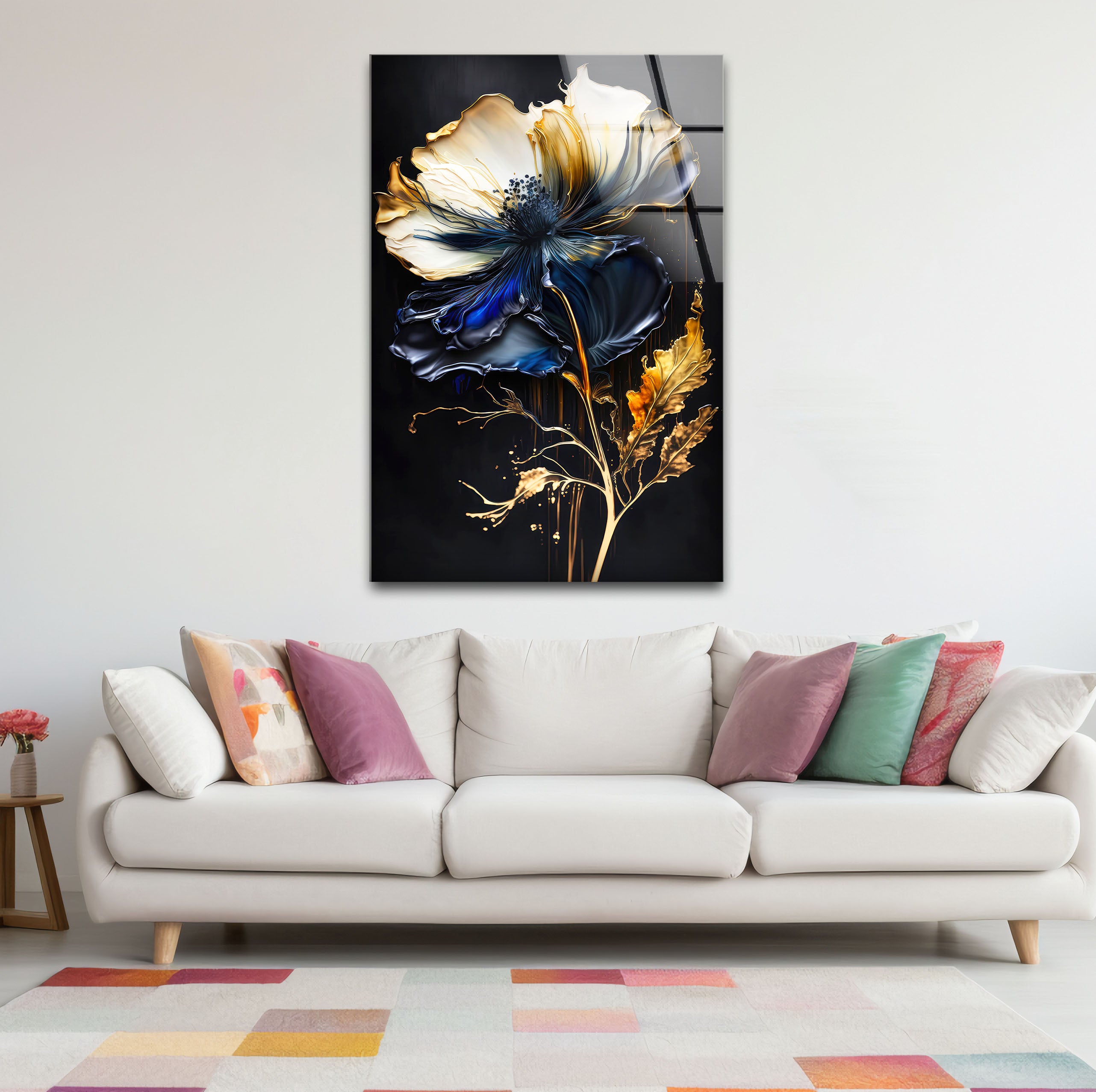 Blue and Gold Floral Wall Art - Elegant Dark Botanical Glass Print for Modern Luxury Home Decor | Perfect for Living Room, Bedroom & Office Wall Decor