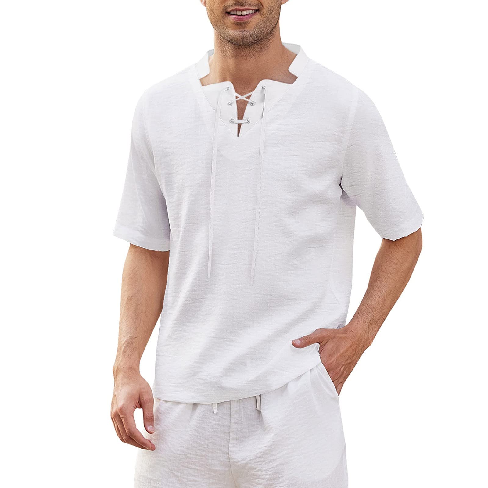 Men's V-Neck Cotton T-Shirt - Breathable Summer & Fall Casual Top - Solid Color Linen Stand Collar Shirt for Hiking, Travel & Outdoor Activities