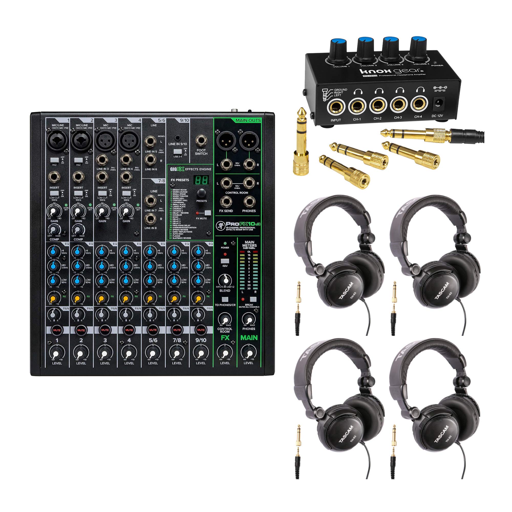 Mackie ProFX10v3 10-Channel Unpowered Mixer with Knox Headphone Amplifier & 4 Headphones - Professional Audio Mixing for Live Performances, Studio Recording, Podcasting & Home Music Production (6-Piece Bundle)