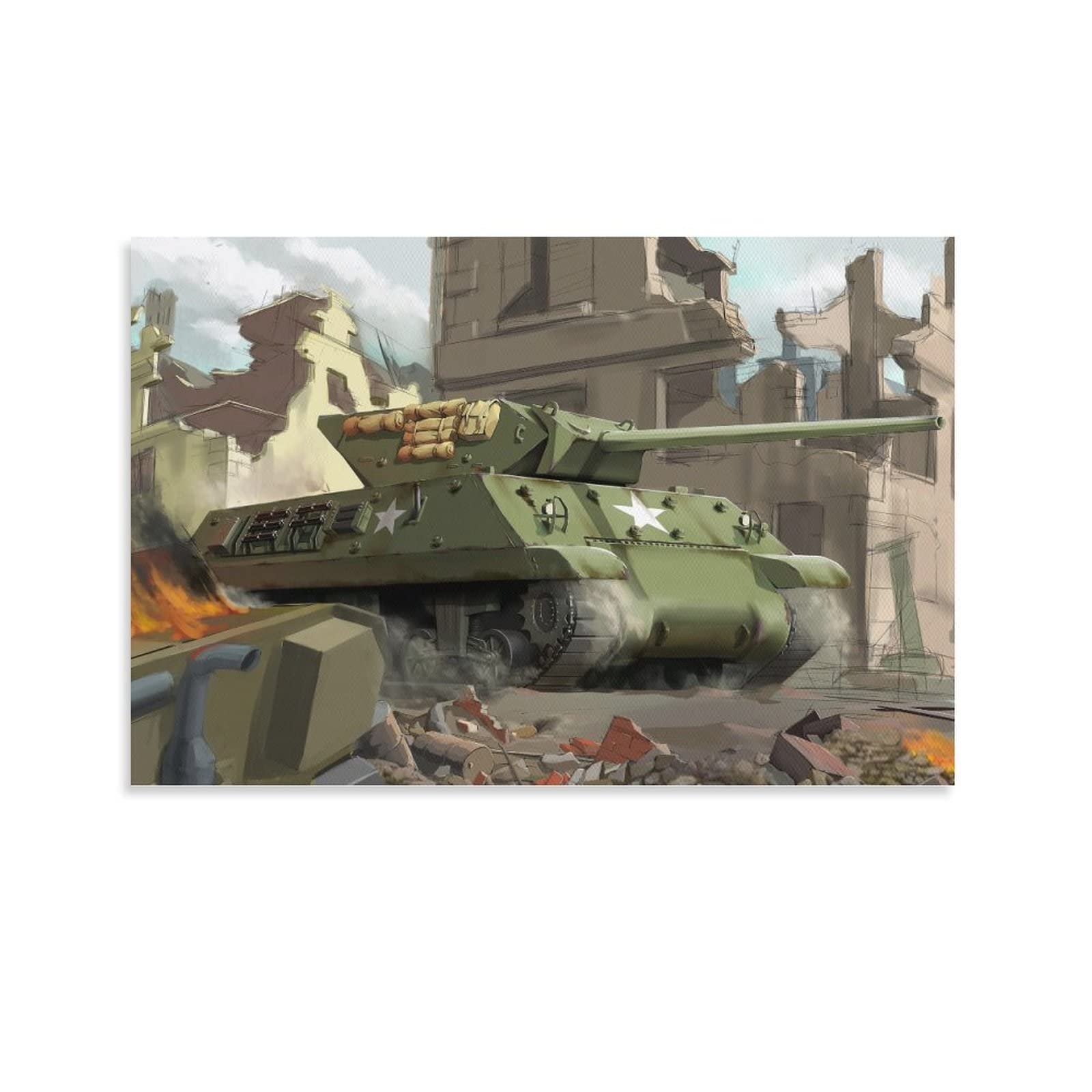 M10 Tank Destroyer Military Anime Poster - 12x18 Inch (30x45cm) Canvas Wall Art for Living Room & Bedroom Decor | WW2 Tank Chariot Battle Scene Painting | Perfect for Gamers, History Buffs & Anime Fans