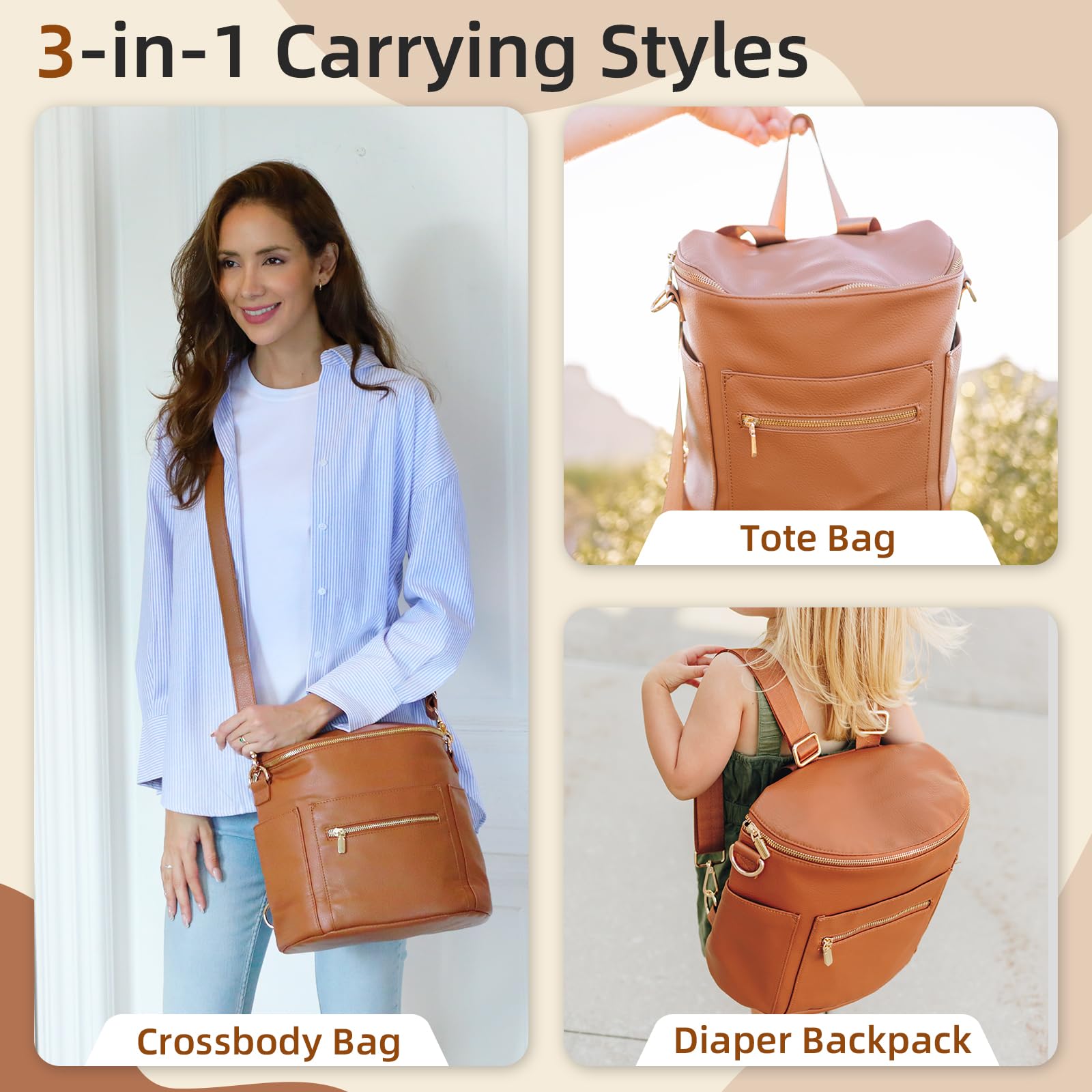 Miss Fong Diaper Backpack - Waterproof Baby Bag with Insulated Pocket, Organizer & Adjustable Crossbody Straps for Travel, Daycare & Outings (Brown)