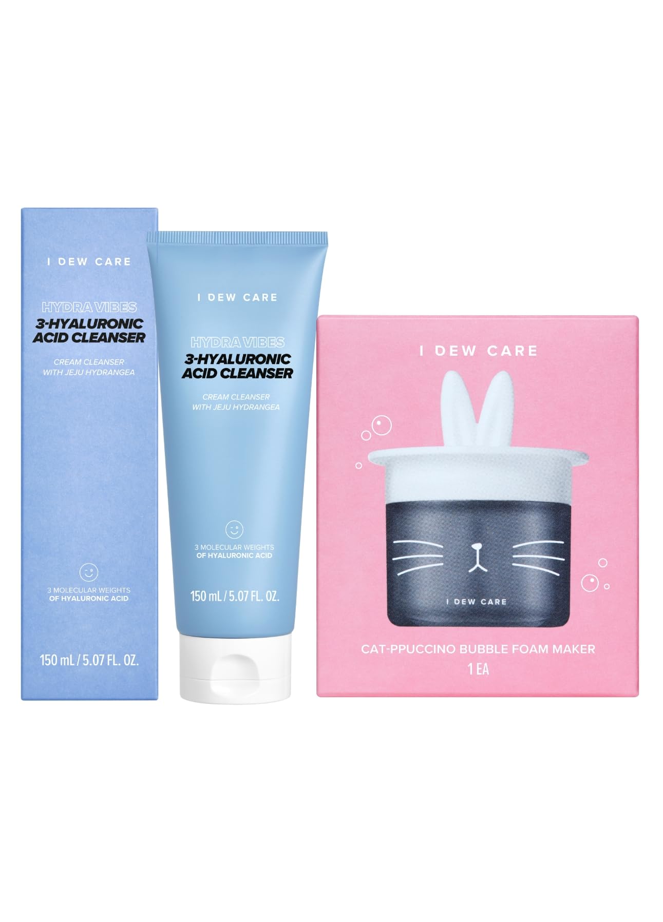 I DEW CARE Korean Acne Face Wash & Bubble Foam Maker Set - Namaste Kitten & Cat-ppuccino Bundle for Clear Skin | Gentle Cleansing & Exfoliating for Acne-Prone Skin | Perfect for Daily Skincare Routine & Spa-Like Experience at Home