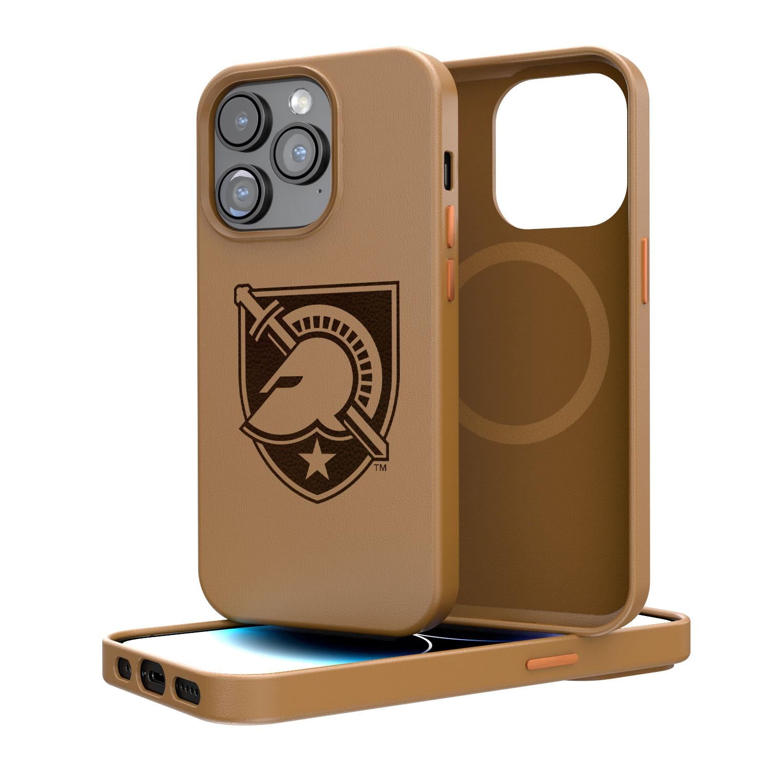 Army Academy Black Knights Wooden Magnetic Case - Engraved Brown Leather Cover for Phones, Wallets & Keys | Perfect for Military Enthusiasts & Gift Giving