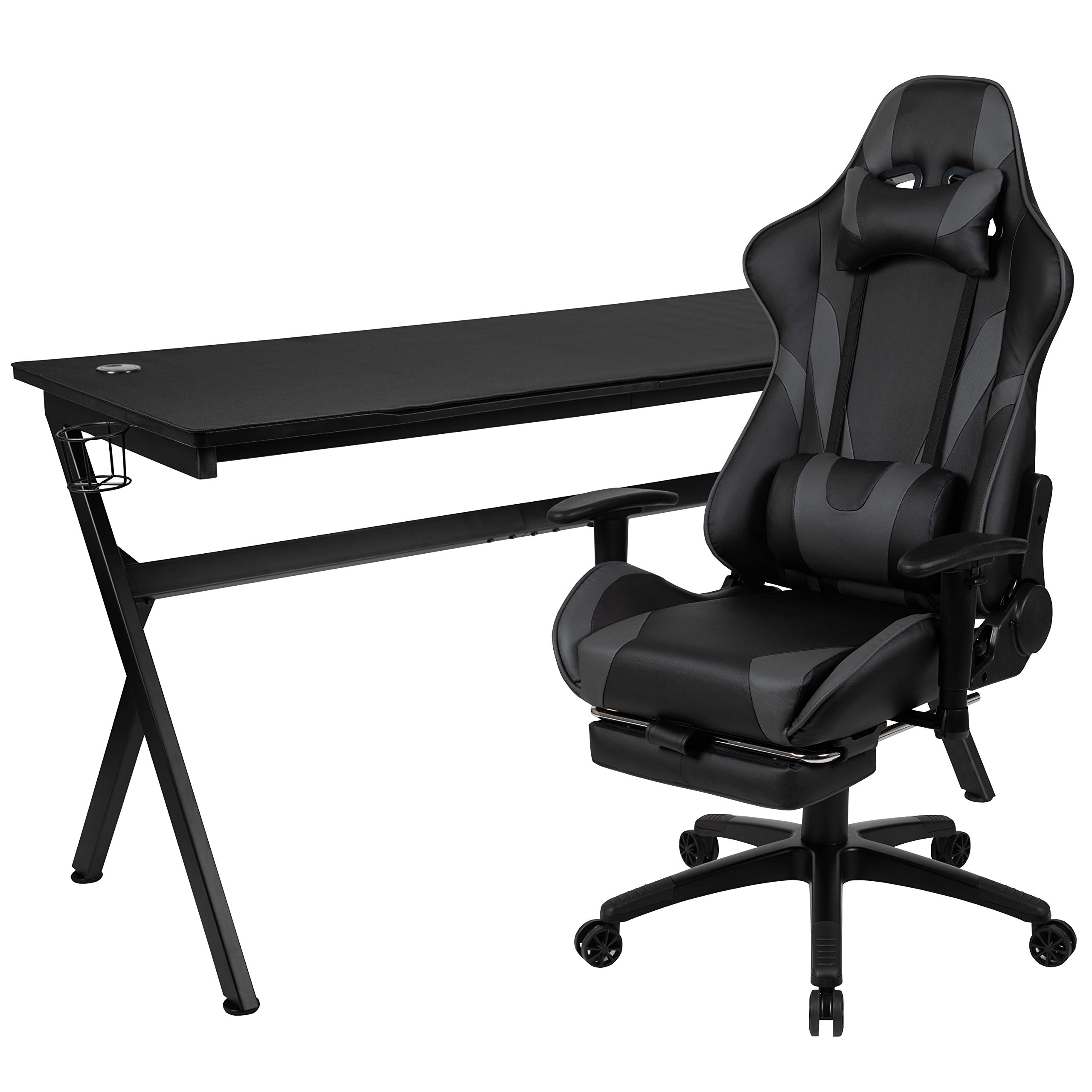 Ergonomic Gaming Desk & Reclining Chair Set with Gray Footrest - Includes Cup Holder, Headphone Hook, Removable Mouse Pad & Cable Management - Perfect for PC Gaming, Streaming & Home Office Setup