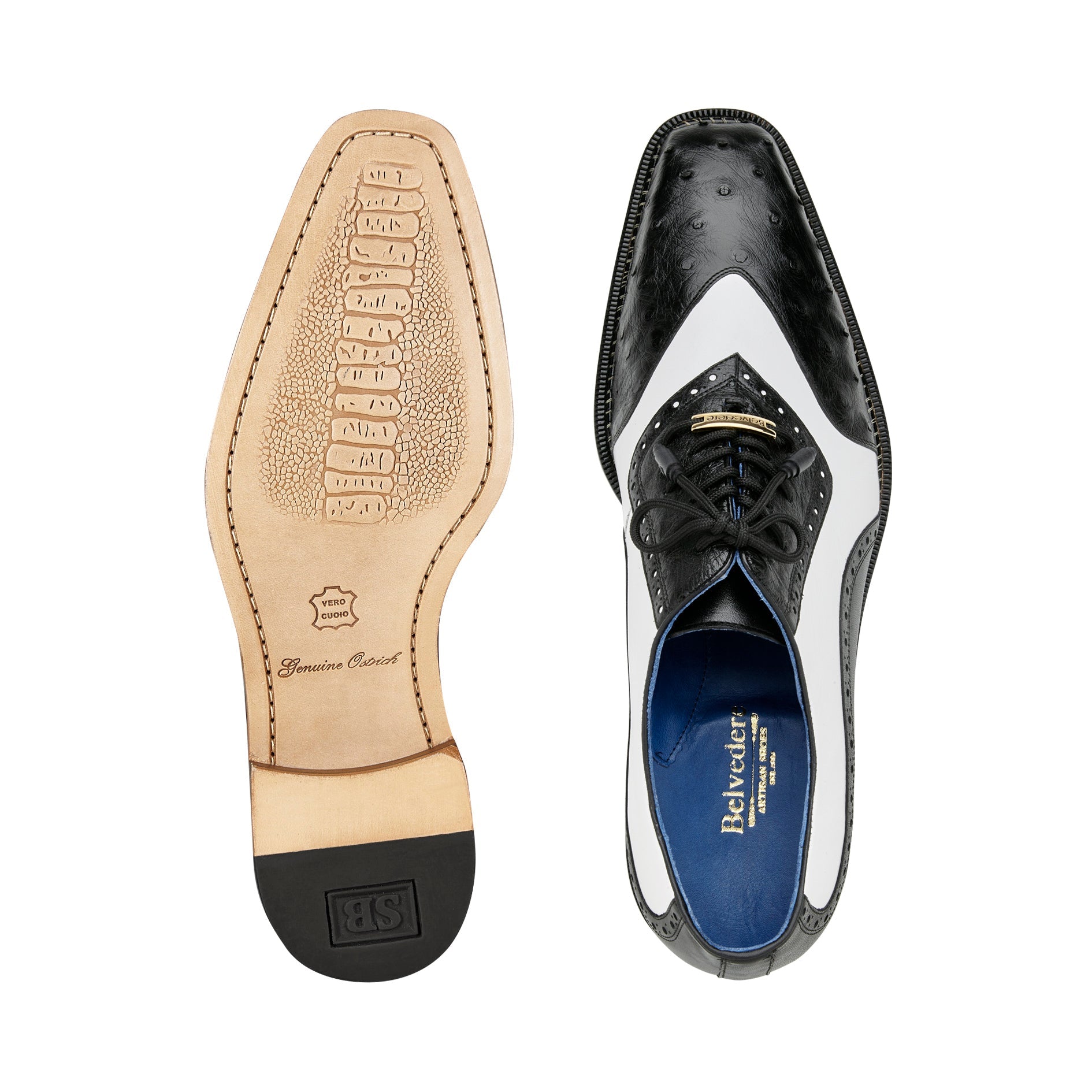 Belvedere Sesto Genuine Ostrich Quill & Italian Leather Wingtip Dress Shoes for Men - Black/White Size R54 | Premium Business Formal & Wedding Attire