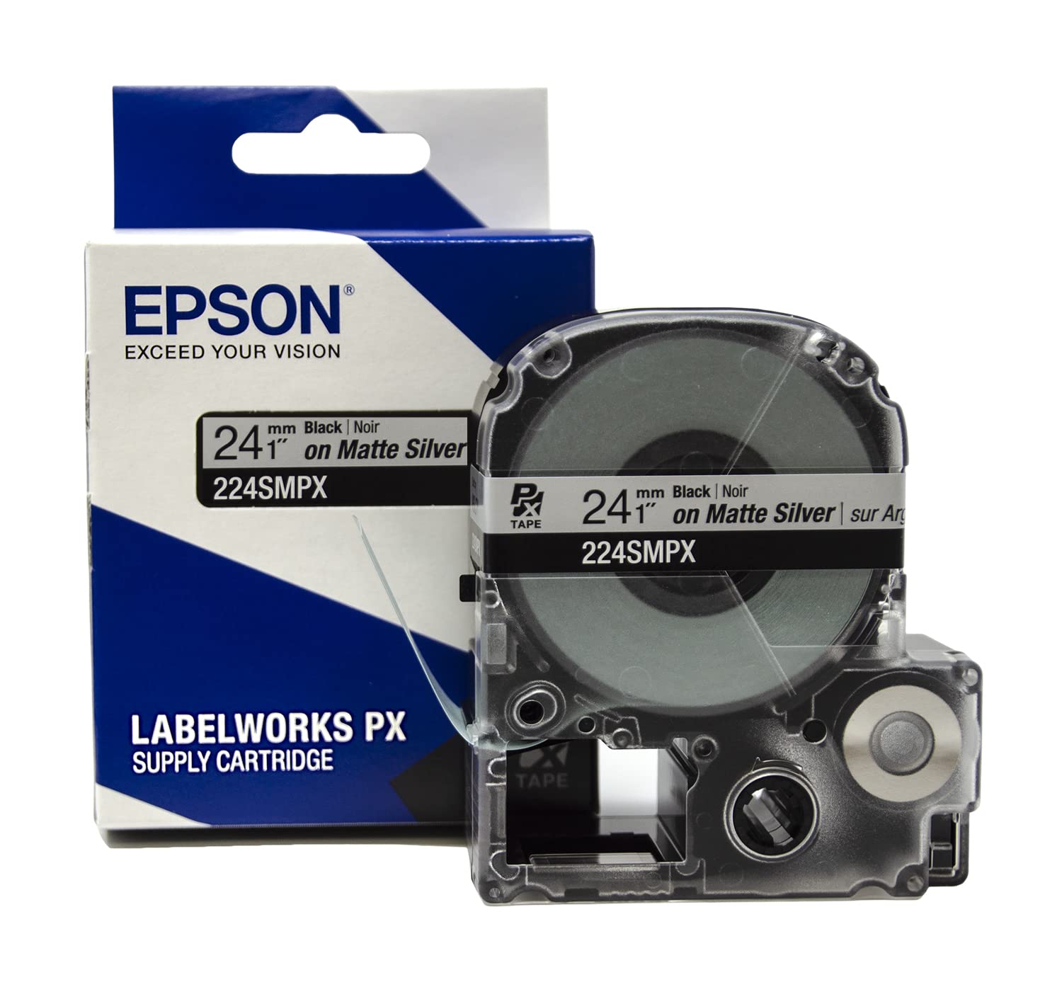 Epson LABELWORKS 224SMPX PET (Polyester) Tape Cartridge - Black on Silver Matte Label Maker Tape - 1