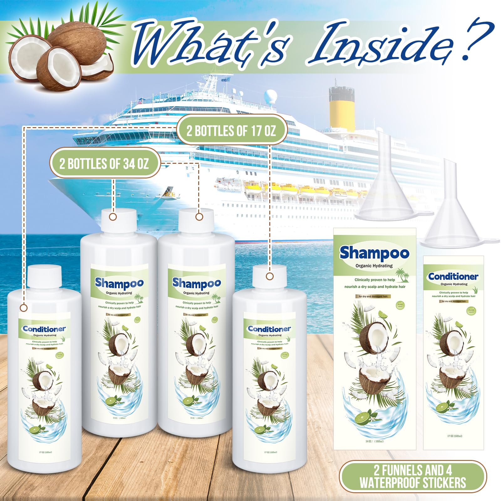 4-Pack 17 oz & 34 oz Large Plastic Flask Kit - Leakproof Fake Shampoo & Conditioner Bottles for Cruises, Travel, Beach Essentials - TSA Approved Toiletry Containers for Liquids & Cosmetics