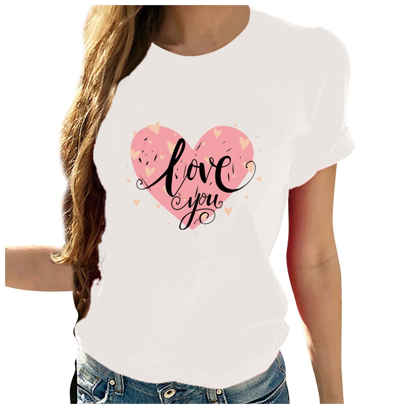 Women's Love Heart Graphic T-Shirt - Short Sleeve Regular Fit Top - Cute Funny Gift Tee for Casual Wear & Valentine's Day 2023