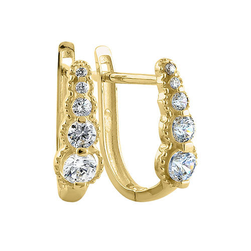 14K Solid Yellow Gold U-Shaped Round CZ Hoop Earrings for Women - Cubic Zirconia Studded Huggie Earrings for Everyday Wear & Special Occasions