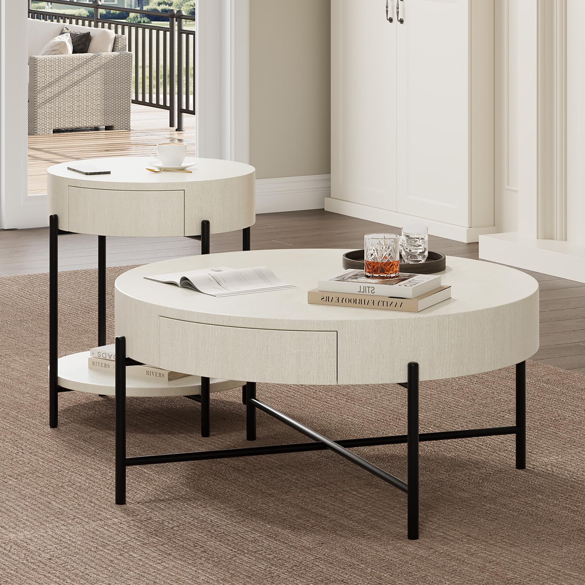 Round Wooden End Table with Drawer - Modern Side Table & Bedside Nightstand for Living Room, Bedroom, Office - Small Circle Accent Table with Storage Space