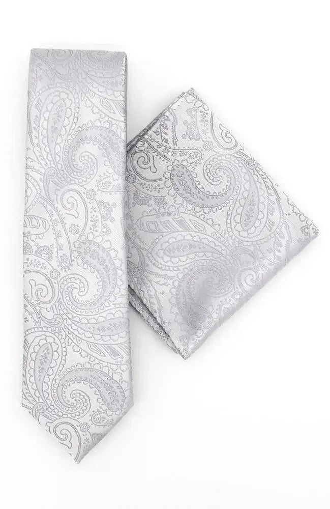 L.A. Smith Silver Paisley Tie and Pocket Square Set - Elegant Men's Formal Accessories for Weddings, Business Meetings & Special Occasions