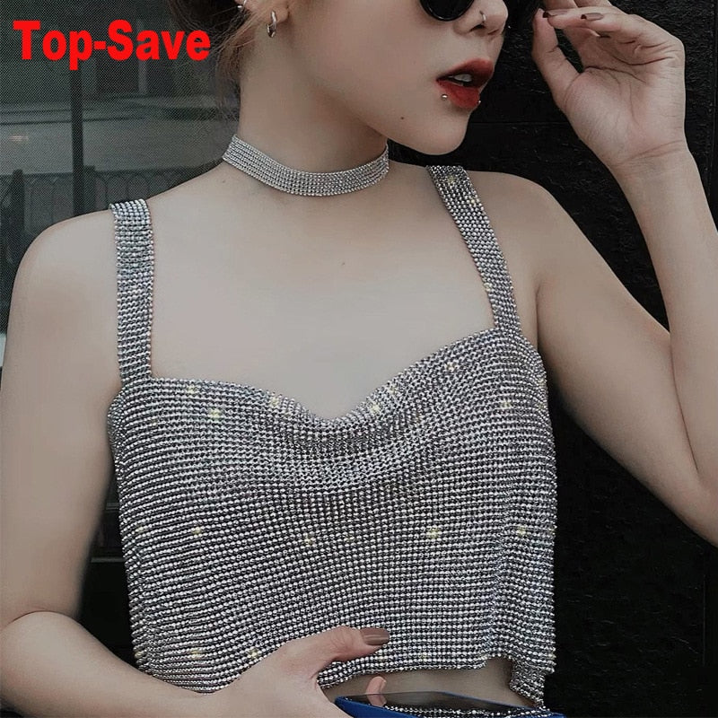 Sexy Rhinestone Tank Top for Women - Black, White & Gold Shiny Sling Bikini Crop Top | Nightclub, Beach Party & Summer Fashion