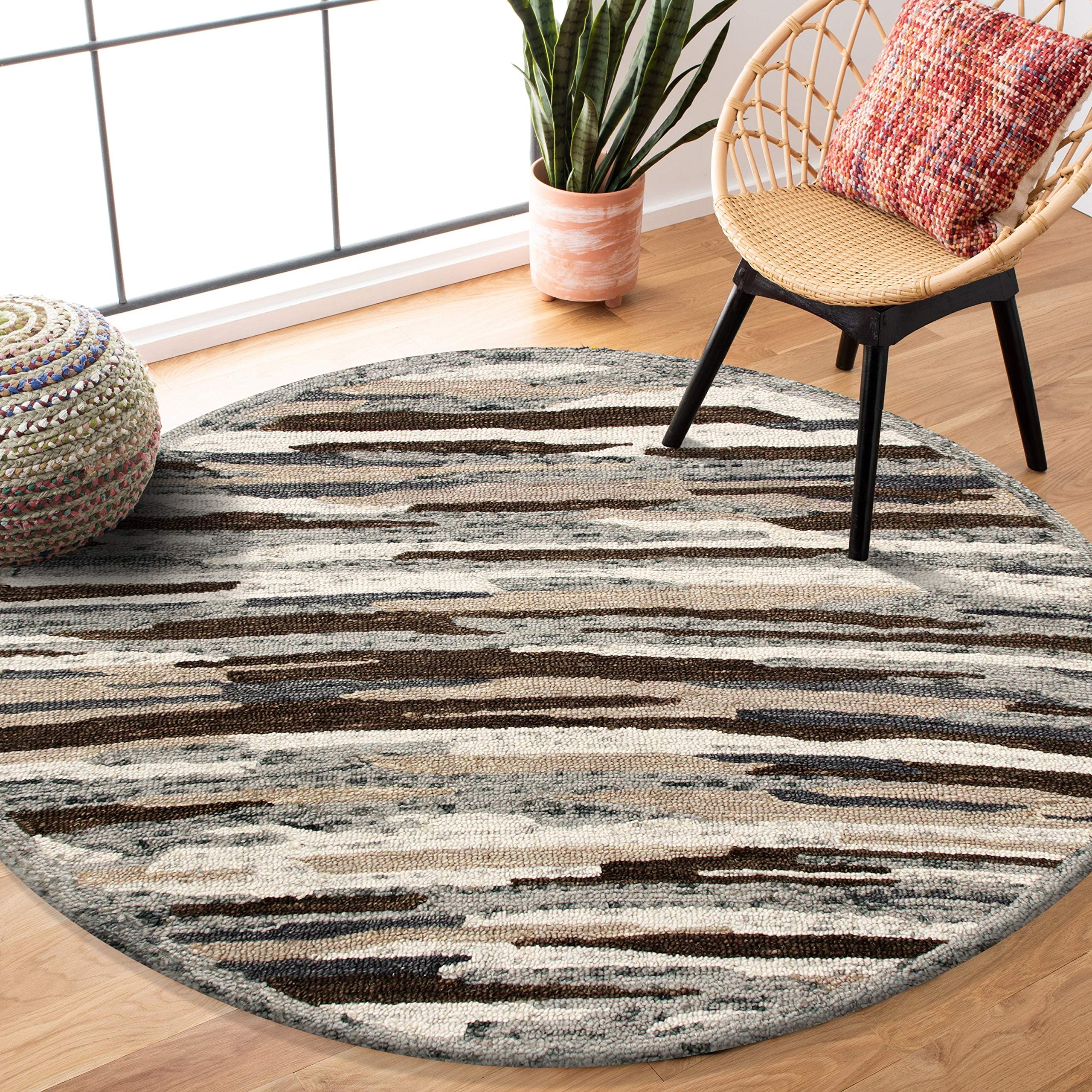 LR Home 6ft Round Natural Wool Area Rug - Hand Tufted Modern Farmhouse Boho Style Carpet for Bedroom, Living Room, Entryway & Playroom | Gray/Brown/Tan | Perfect for Cozy Home Decor & Boho Chic Interior Design