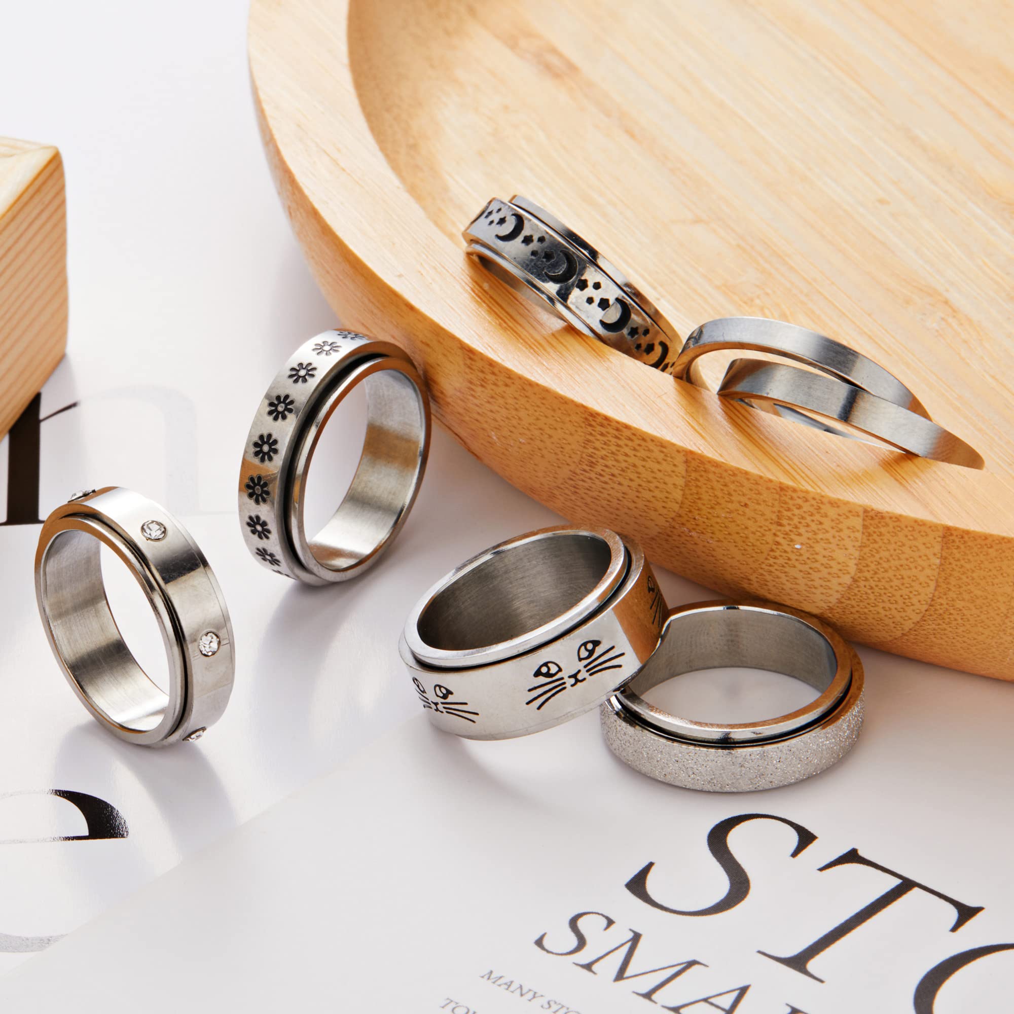6Pcs Stainless Steel Fidget Rings Set - Moon Star Flower Cat Anxiety Relief Spinner Rings for Women & Men (Size 6-11) | Stress Relief, Focus Aid & Sensory Toy for ADHD, Anxiety & Office Work
