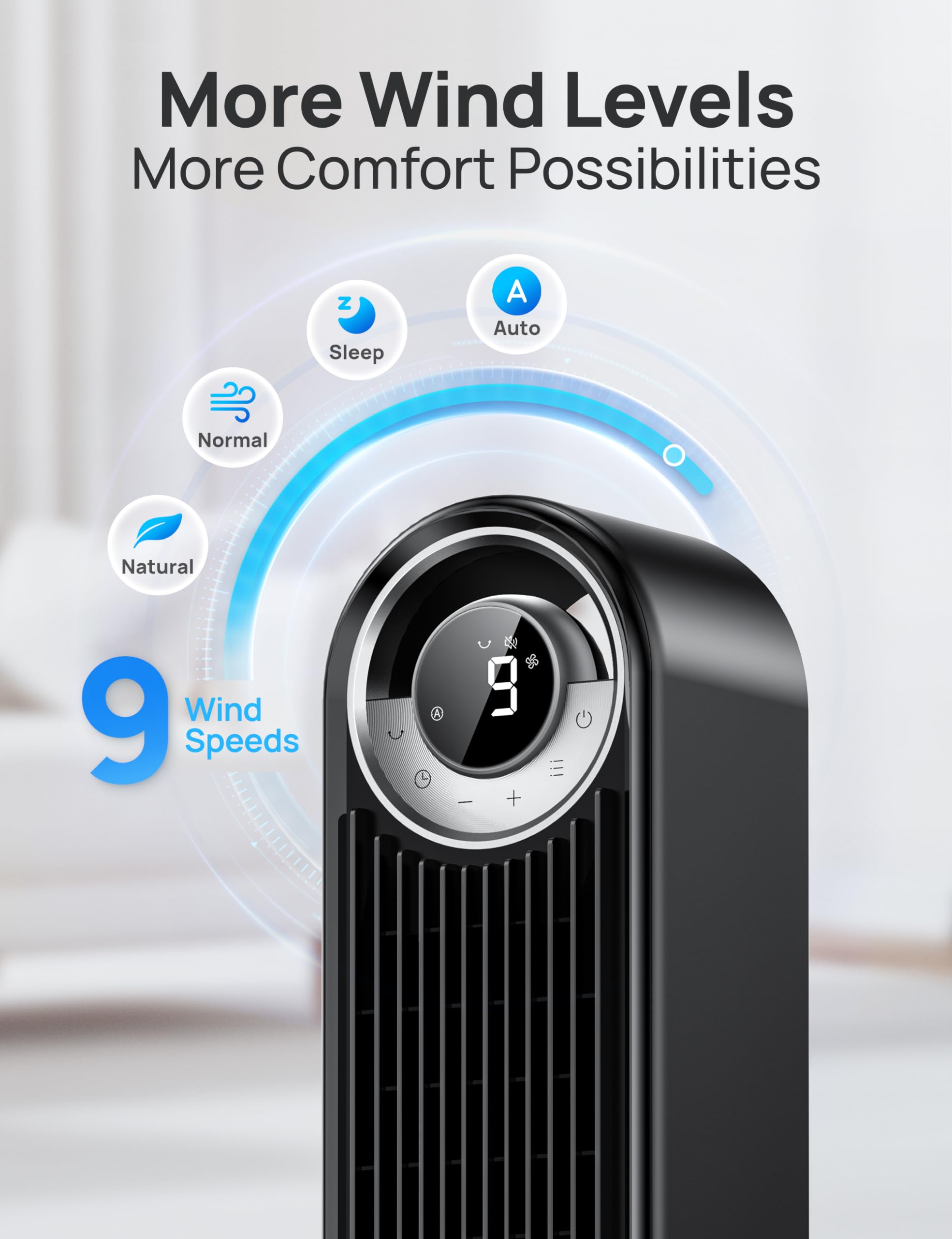 Dreo Bladeless Tower Fan for Bedroom - Ultra Quiet DC Motor with 9 Speeds, 90° Oscillation & 28ft/s Airflow - 12H Timer Standing Floor Fan for Home, Office, Nursery - Perfect for Cooling, White Noise & Air Circulation