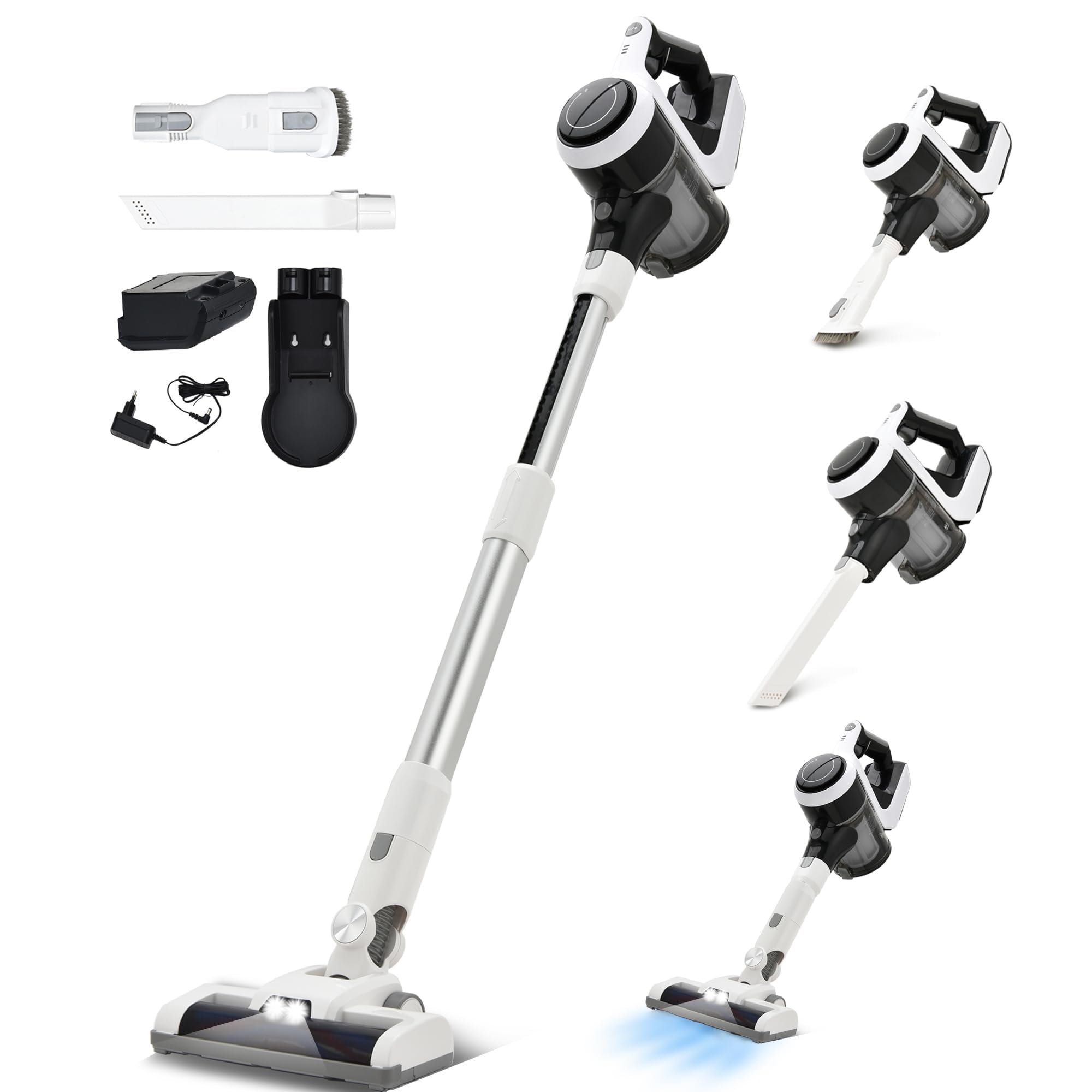 6-in-1 Cordless Vacuum Cleaner with 250W Brushless Motor | Lightweight Stick Vacuum with LED Display | Wireless Rechargeable for Hard Floors & Pet Hair | Perfect for Home Cleaning & Pet Owners (White)