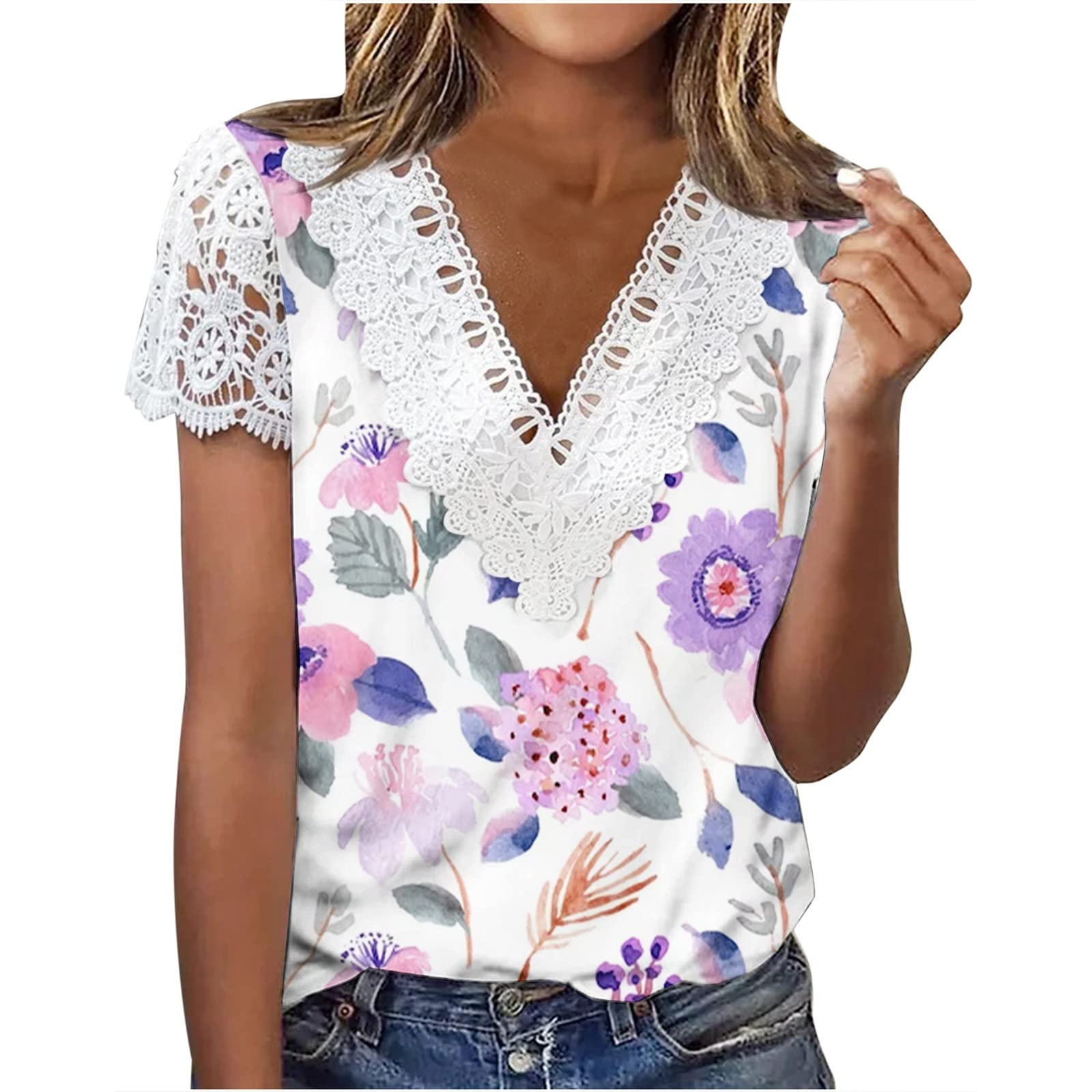 Elegant Women's Summer Tops - V-Neck Blouses, Lace Sleeve T-Shirts & Floral Printed Tunics | Casual Short Sleeve Shirts & Tank Tops for Women | Perfect for Beach Outings, Summer Parties & Everyday Wear