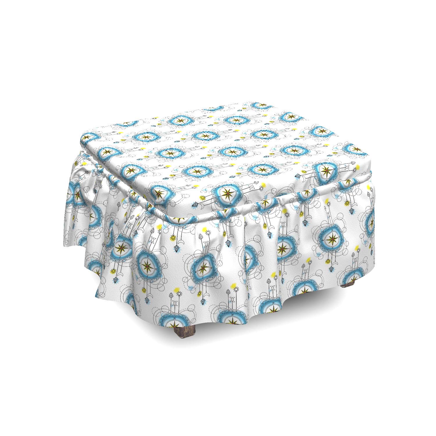 Ambesonne Tattoo Ottoman Cover Set - 2 Piece Aquarelle Compass Travel Design Slipcover with Ruffle Skirt for Square/Round Cube Footstool | Standard Size Blue Black Yellow | Home Decor Accent for Living Room, Bedroom & Office