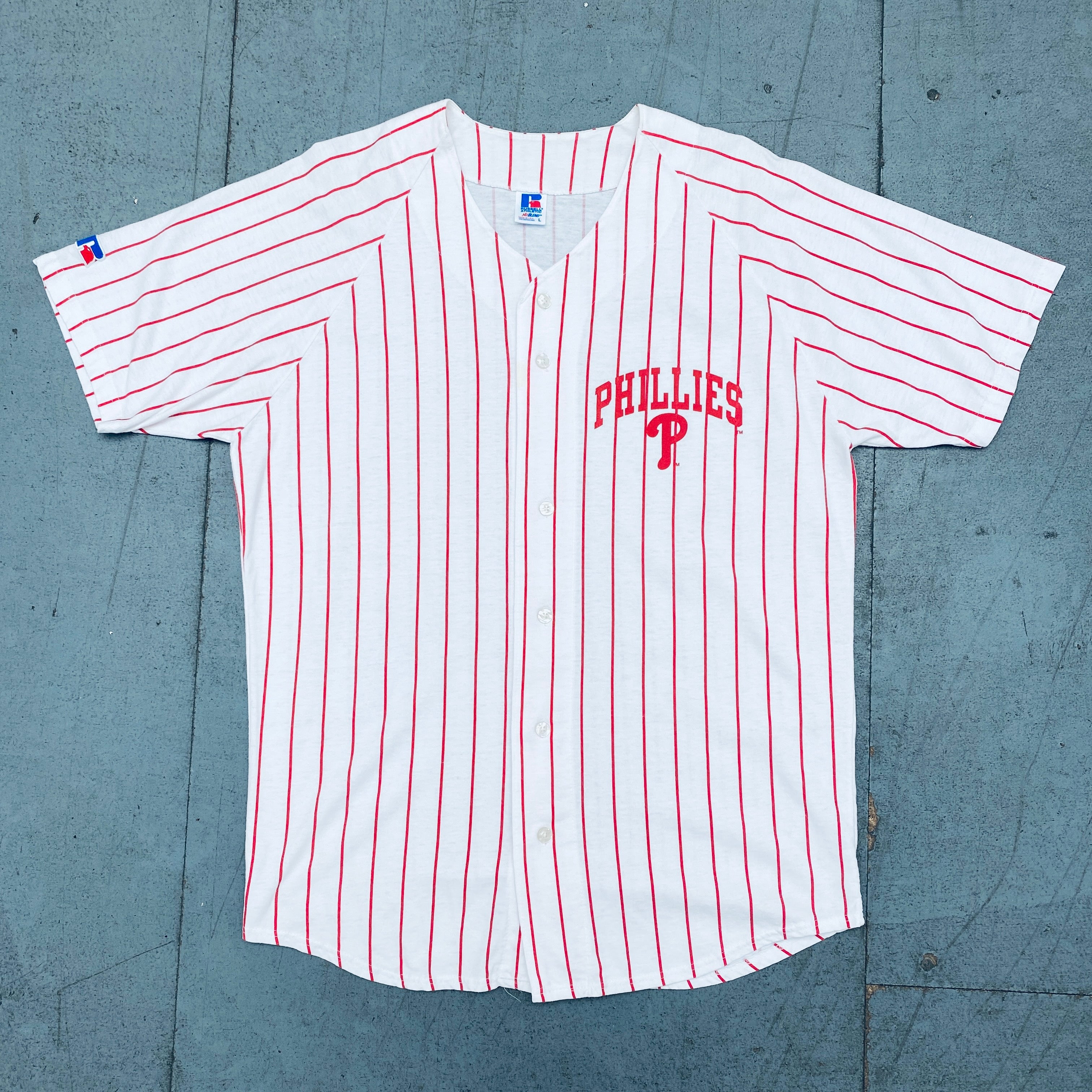 Authentic 1990s Philadelphia Phillies White Pinstripe Russell Athletic Cotton Jersey - Size Large | Vintage MLB Baseball Fan Gear for Games, Collecting & Retro Sports Fashion