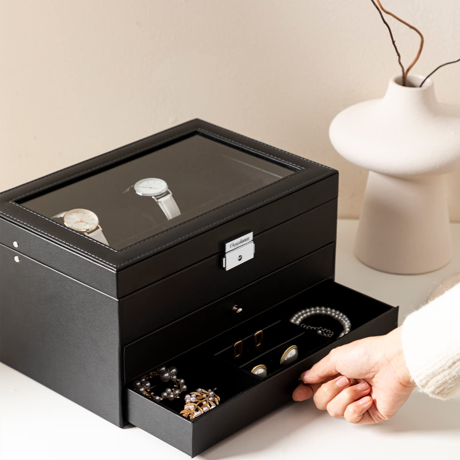 Premium PU Leather Jewelry Box & Watch Organizer - 3-Layer Wooden Storage Case for Men & Women - Perfect for Display, Travel, and Business Gifts (Black)