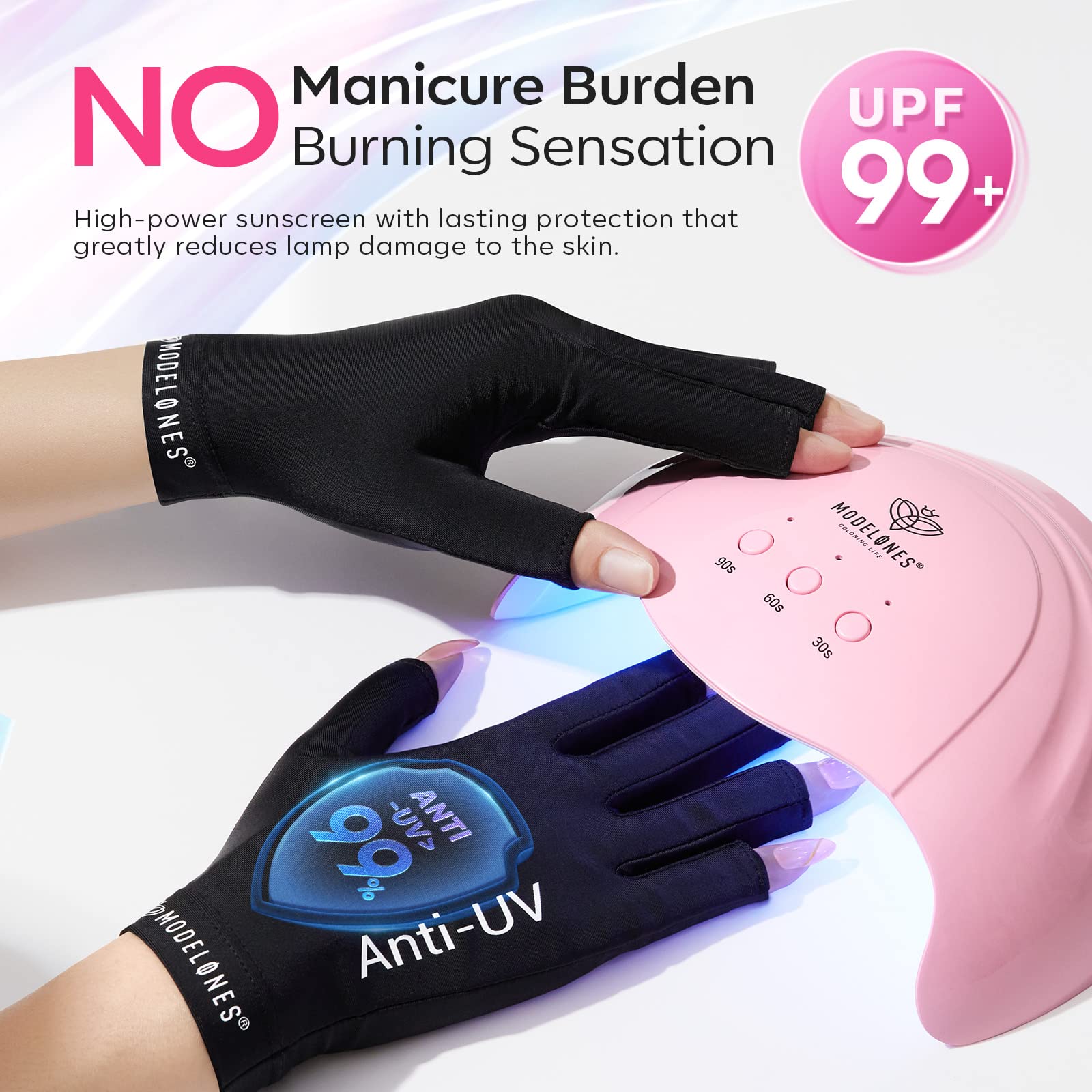 Modelones Professional UPF99+ UV Protection Gloves & Rhinestone Nail Glue Kit - No Wipe Gem Glue, Super Strong Adhesive Gel with Nail Charms & Dual-Use Brush for Nail Art, DIY Manicures at Home or Salon