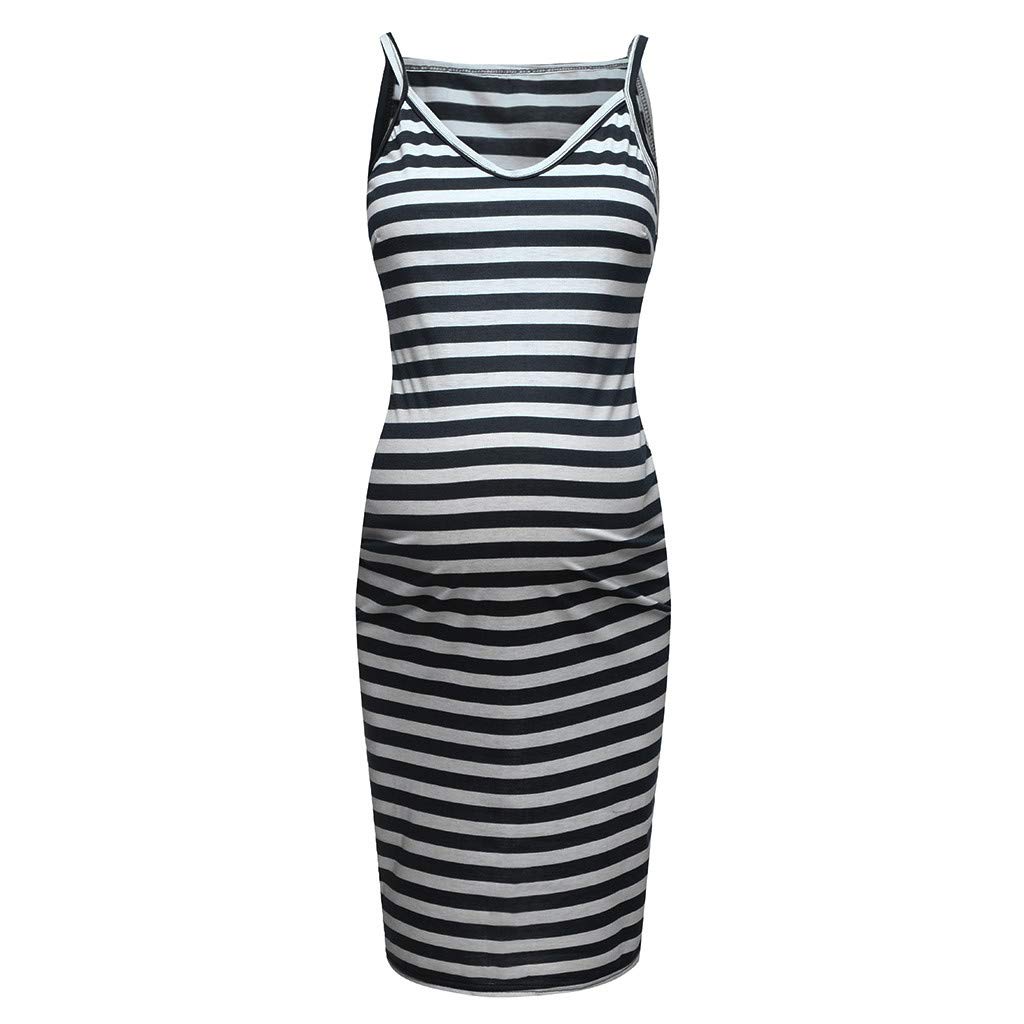 SYNIA Women's Maternity Dress - Sleeveless Striped Nursing Sundress for Breastfeeding & Photography - Comfortable Summer Maternity Clothes (Black, Medium) - Perfect for Pregnancy, Nursing & Photo Shoots