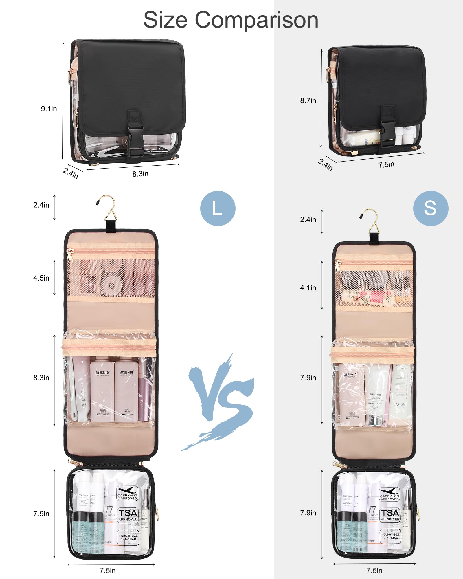 Relavel Travel Toiletry Bag for Women - TSA Approved Detachable Hanging Cosmetic Bag, Compact Waterproof Clear Carry On Organizer for Toiletries (Small, Black) - Perfect for Air Travel, Camping & Gym Essentials
