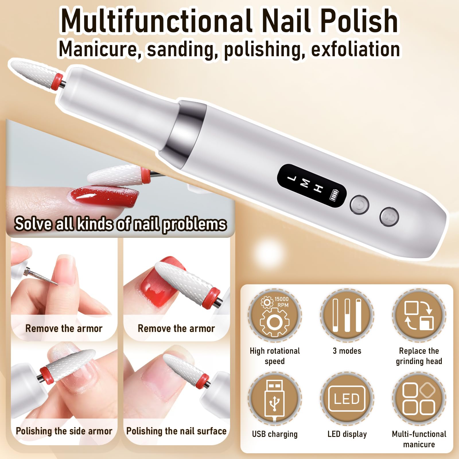 Professional Cordless Electric Nail Drill Kit - 15000RPM 3-Speed Rechargeable Manicure Pedicure Tool with Reversible Direction for Acrylic, Gel & Dip Powder Nails | Portable Nail File for Home & Salon Use | Perfect for DIY Nail Art & Professional Nail Care