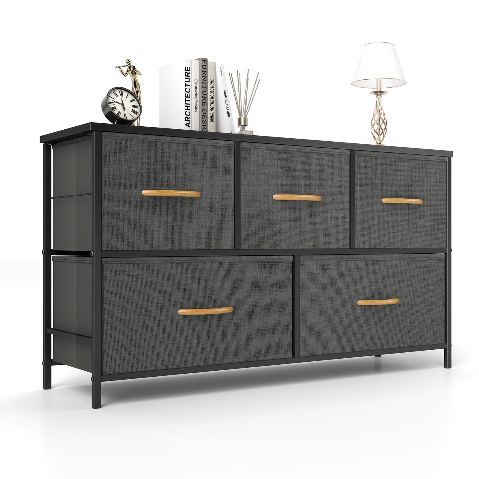 ROMOON 5-Drawer Fabric Dresser for Bedroom - Wide Storage Organizer with Drawers for Clothes, Toys & Accessories | Perfect for Kids Room, Nursery, Hallway & Small Spaces (Dark Grey)