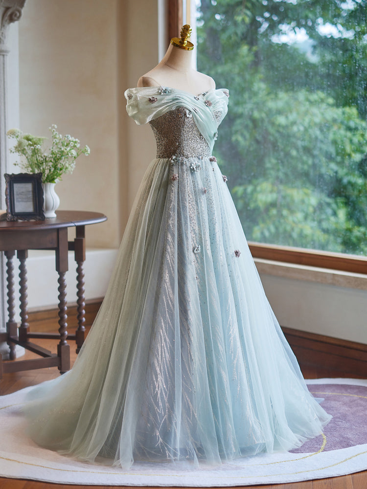Elegant Off-Shoulder A-Line Tulle Prom Dress in Emerald Green - Perfect for Evening Gala, Formal Dance & Special Occasions