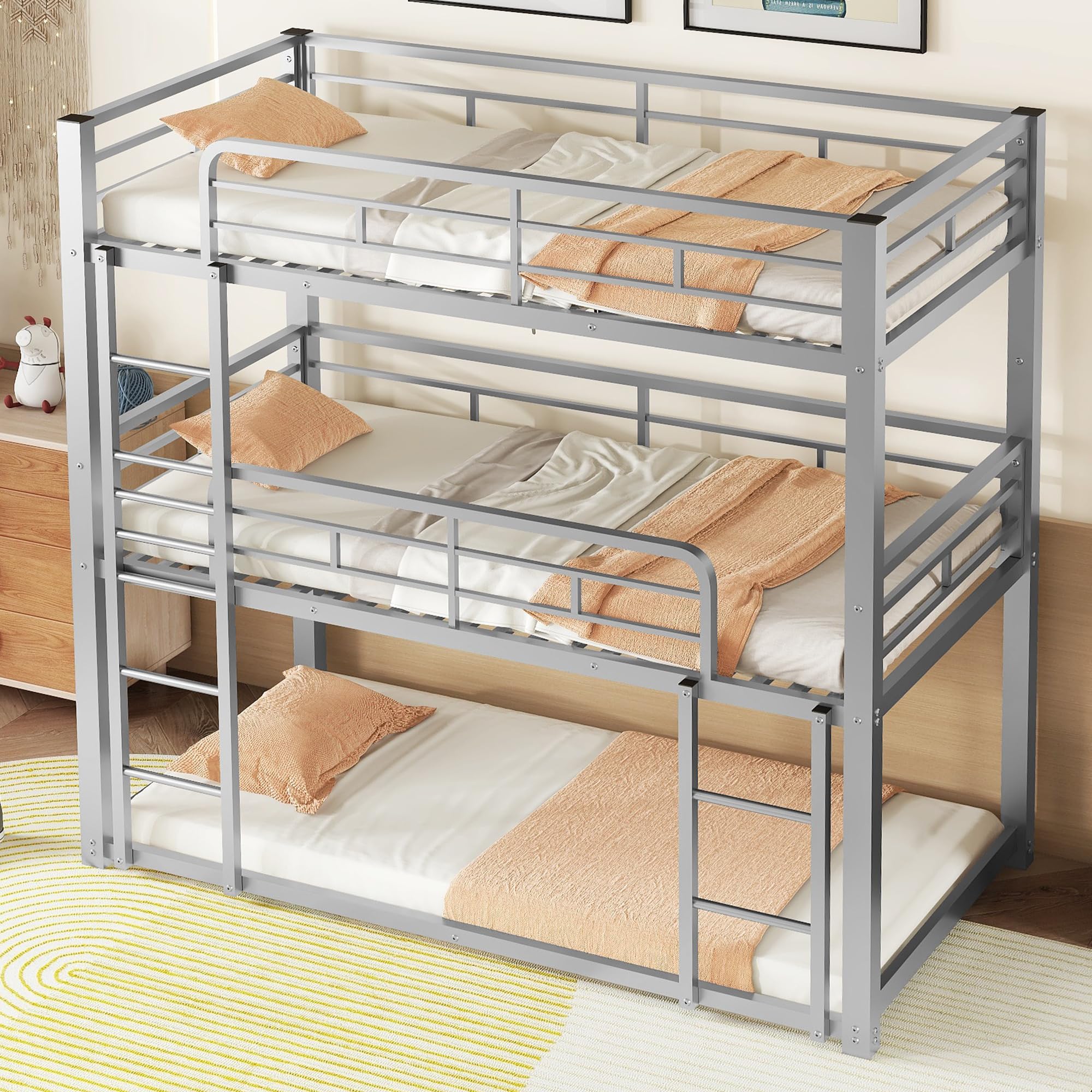 Sturdy Triple Bunk Bed Twin Over Twin Over Twin – 3 Tier Bunk Bed with 2 Ladders & Safety Guardrails – Space-Saving Twin Size Bunk Bed for Kids & Teens – Silver Finish – Ideal for Dorms, Hostels & Small Bedrooms
