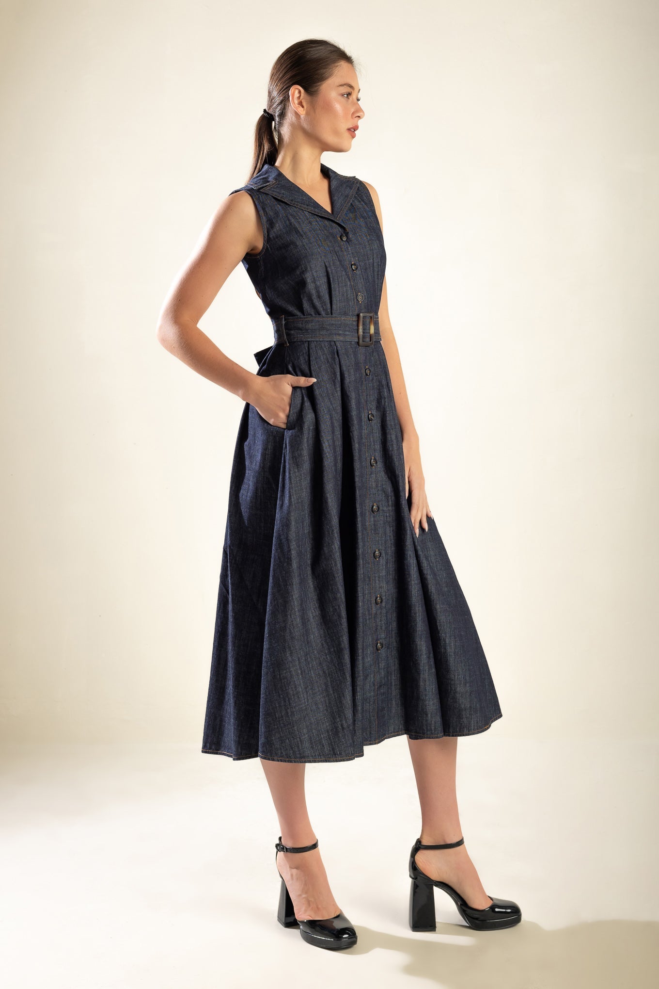 OASIS OF CALM Indigo A-Line Denim Midi Dress - Perfect for Casual Outings, Brunch Dates & Summer Fashion