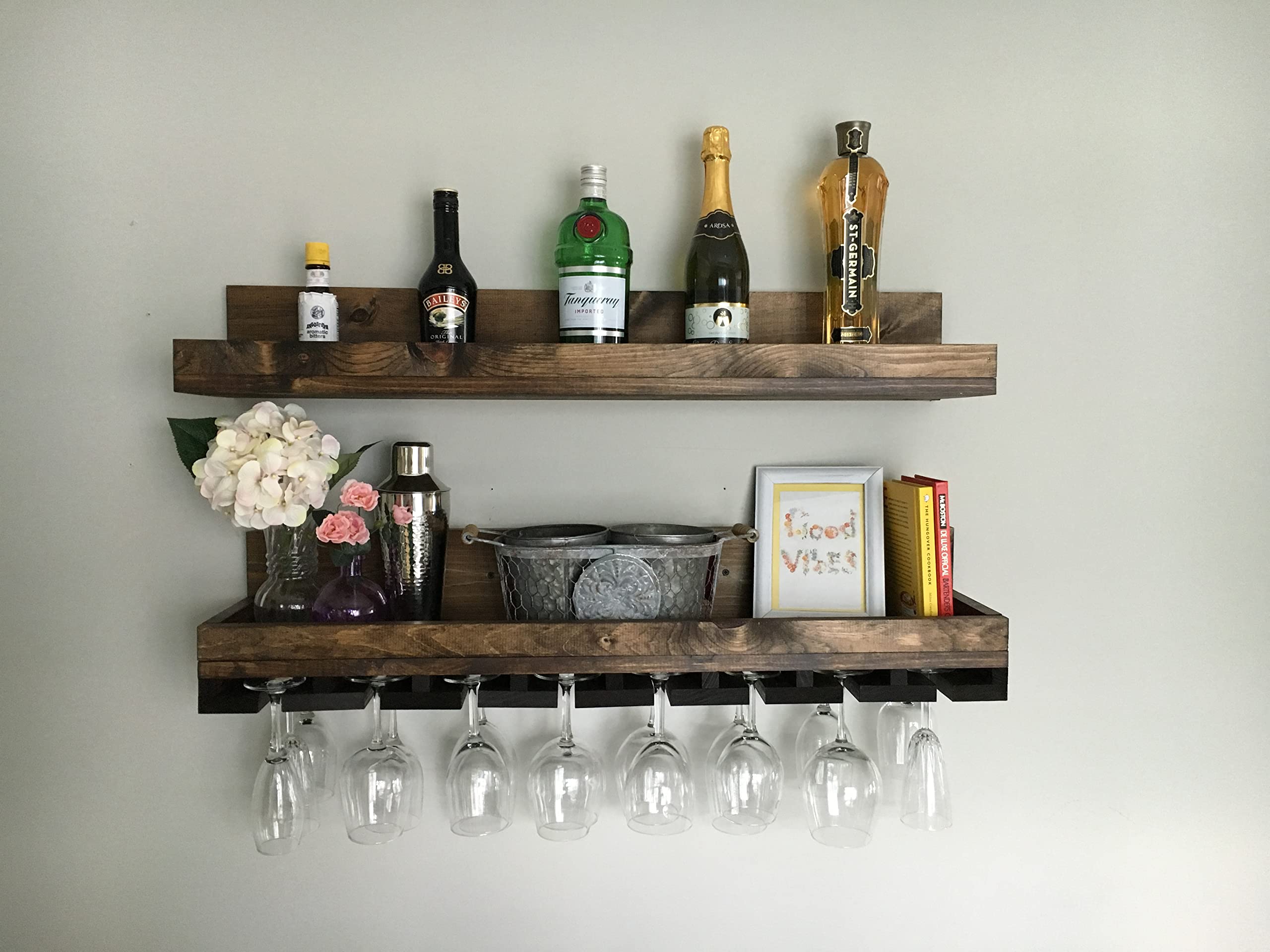 Wall Mounted Wood Wine Rack Shelves - 2 Piece Set, 36 Inch - Rustic Home Bar Decor for Kitchen, Dining Room & Wine Cellar Organization