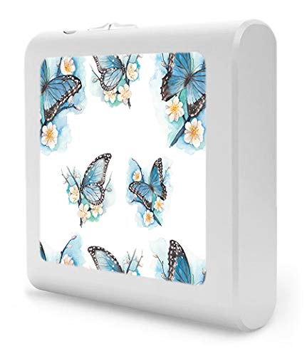 Dimmable LED Night Light with Auto On/Off Sensor - Adjustable Brightness, Warm White Light for Bathroom, Hallway, Nursery & Bedroom - Blue Butterflies on White Flowers Design | Perfect for Nighttime Safety & Comfort